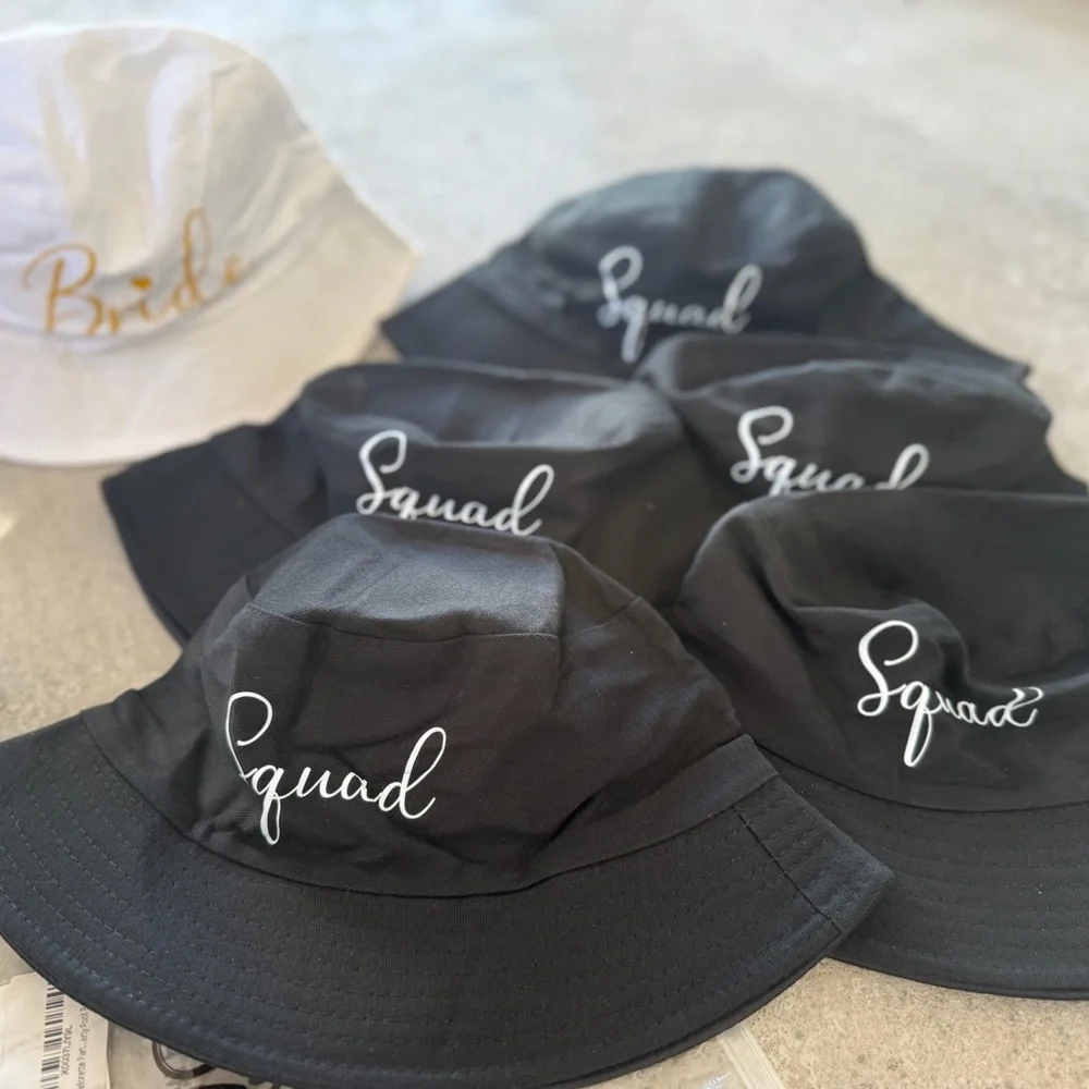 Bachelorette/bride/squad Bucket Hat Set - Black, White, Pink